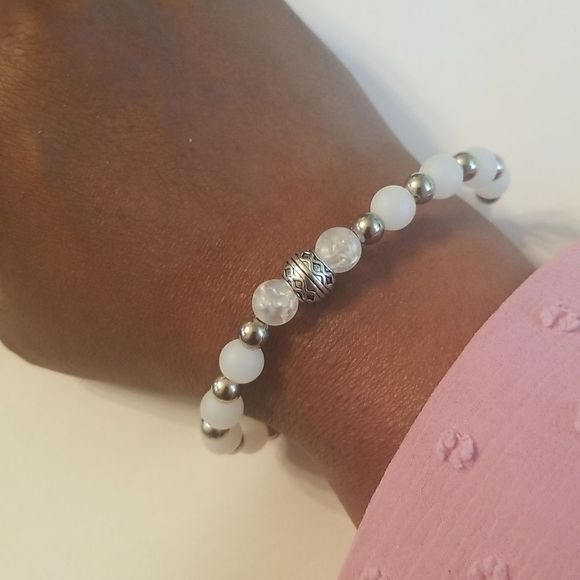 Mens New Custom Made 6mm White & Silver Beaded 8" Expansion Bracelet - Picture 5 of 5